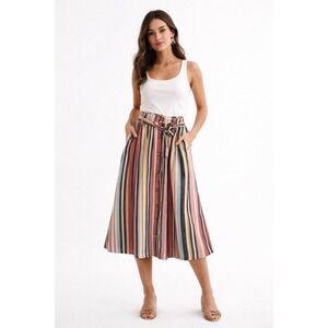 Dash Women XL Multi Color Striped Linen Blend Button Front Tie Waist Midi Skirt